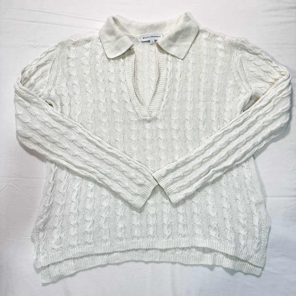 White + Warren Sweater Women’s Large White Linen‎ Cotton Cable Knit Preppy